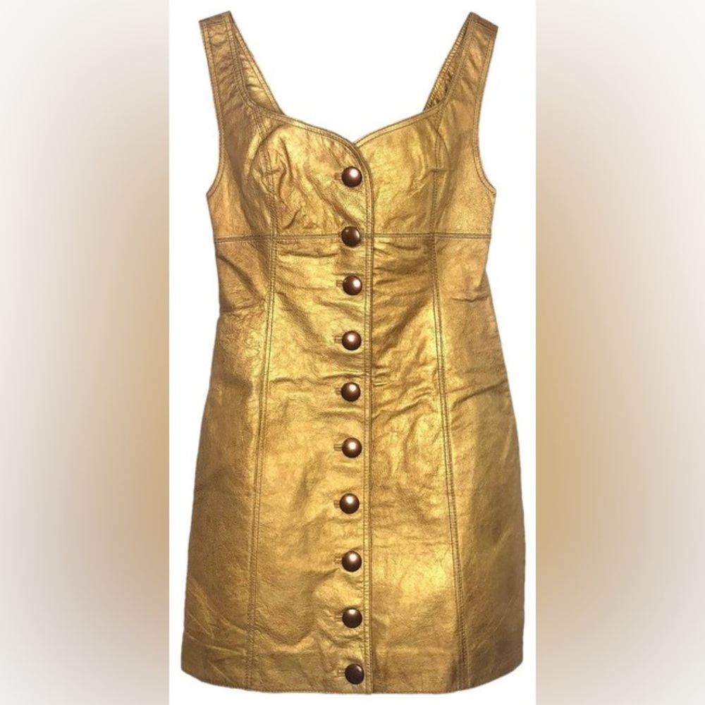 Free People Size 8 Gold Leather Goldie Mini Night Out Dress